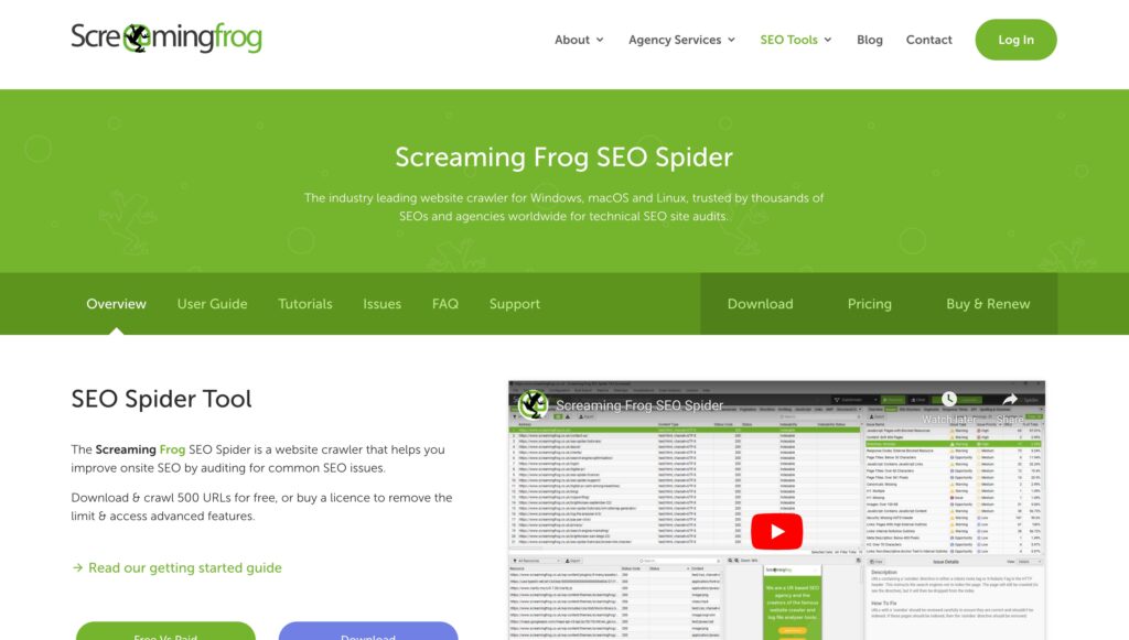 screaming frog landing page